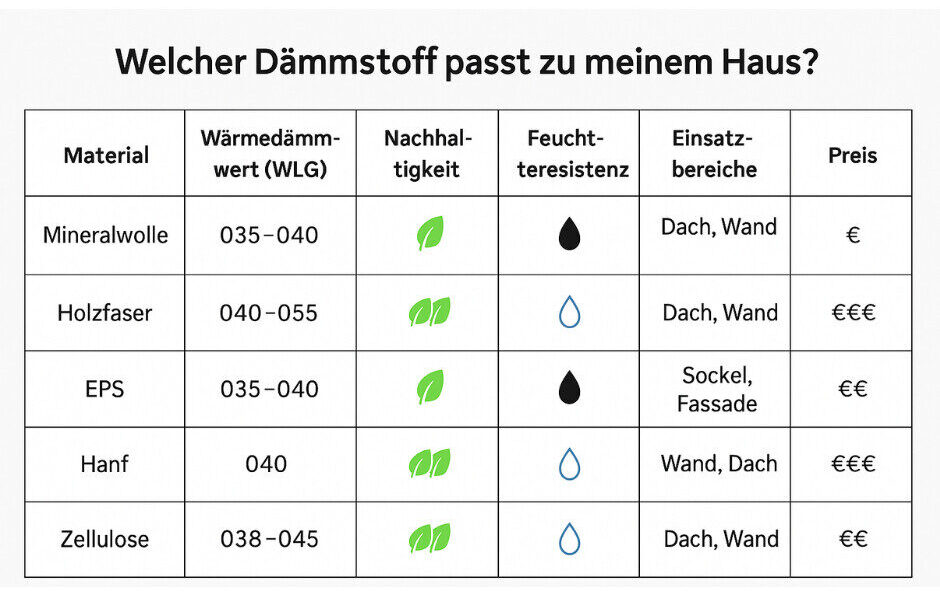 Vergleich von Dämmstoffen fürs Haus: Mineralwolle, Holzfaser, EPS, Hanf und Zellulose – mit Angaben zu Wärmedämmwert, Nachhaltigkeit, Feuchtigkeitsresistenz, Einsatzbereichen und Preis