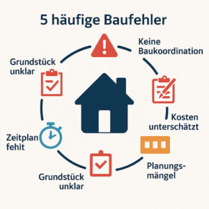 Grafik, die die 5 häufigsten Baufehler darstellt: keine Baukoordination, Kosten unterschätzen, Planungsmängel, unklares Grundstück, fehlender Zeitplan