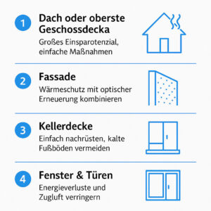 Infografik: Wo geht die Wärme im Haus verloren? 30 % über das Dach, 25 % über die Wände, 20 % über Fenster und Türen, 10 % über den Keller