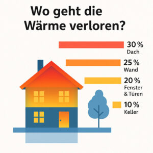 Infografik: Wärmeverlust im Haus – 30 % über das Dach, 25 % über die Wände, 20 % über Fenster und Türen, 10 % über den Keller